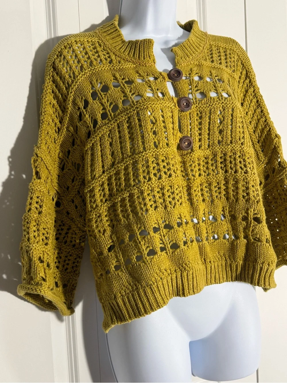 Free People Mustard Open-Knit Button-Front Sweater